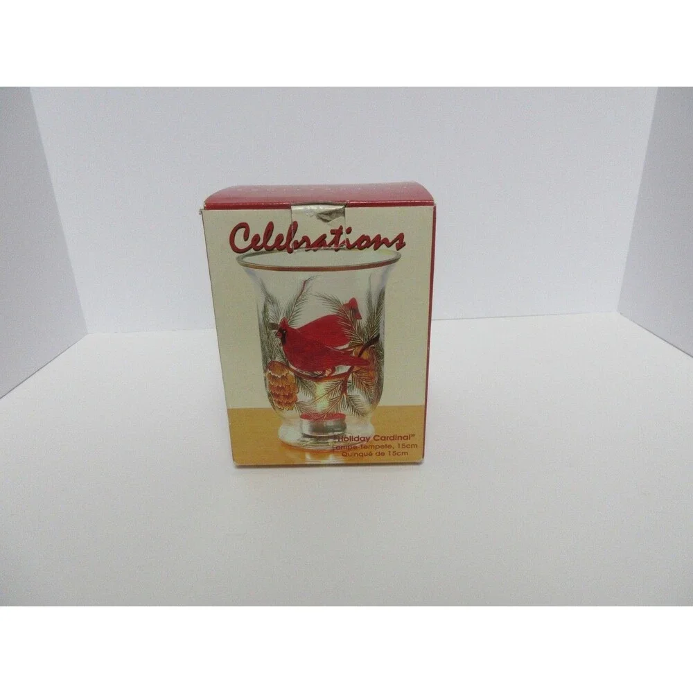 Celebrations Holiday Cardinal 6” Hurricane Tealight Candle Holder W/Box